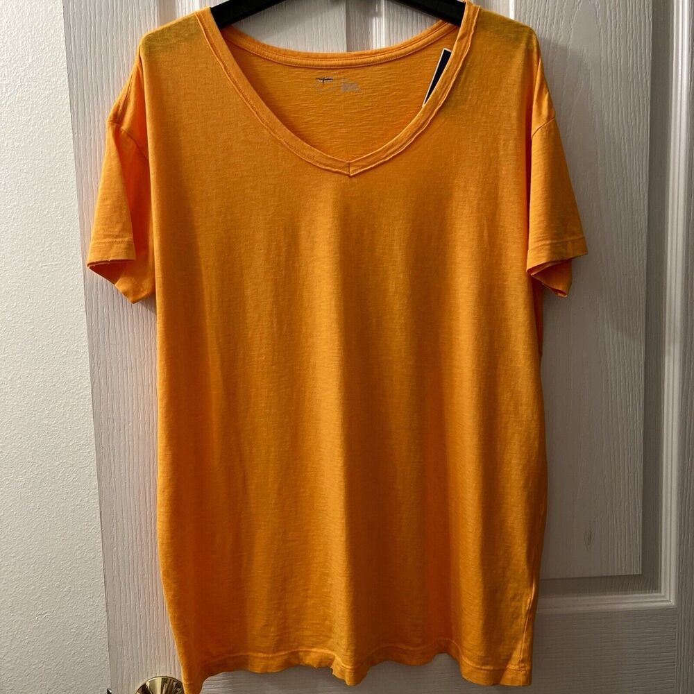 Aerie Women’s V-Neck T-shirt XS Orange Oversized Distressed Hems 100% Cotton‎